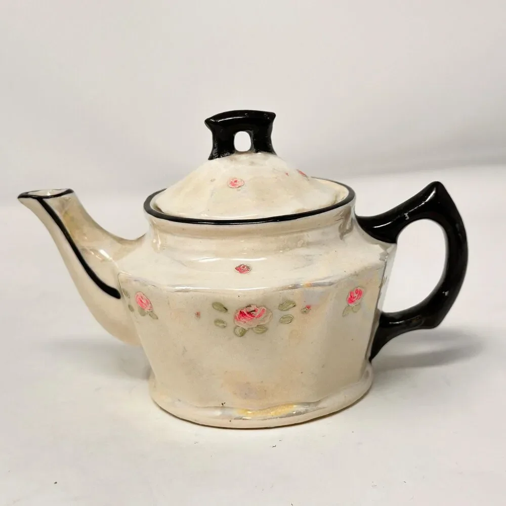 Vintage Victoria Czechoslovakia Lusterware Sugar Bowl and Creamer Black Trim